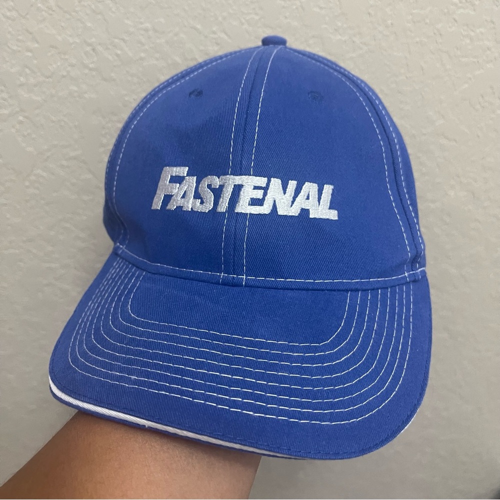 Blue Fastenal promotional hat full 6 panel with adjustable Velcro back strap